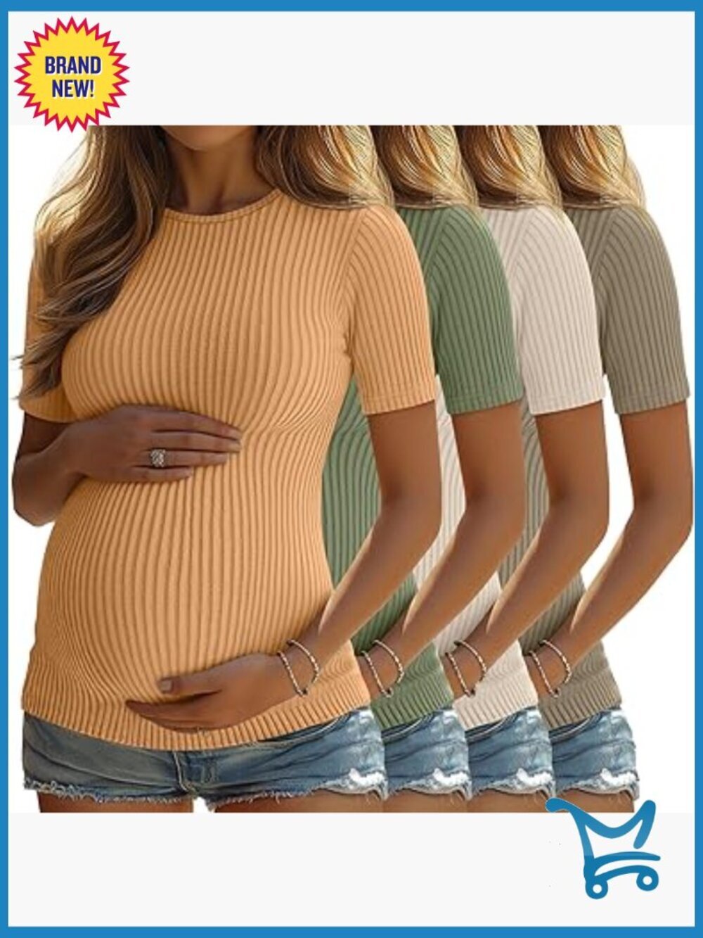 Maternity Ribbed Knit Short Sleeve T-Shirts Crew Neck Work Tees 4 Pack
